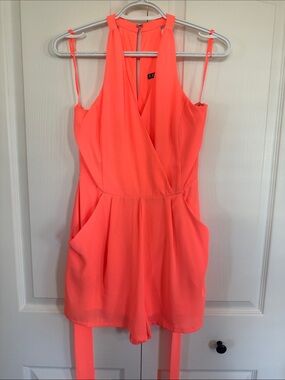 Express Neon Coral Wrap-Front Romper